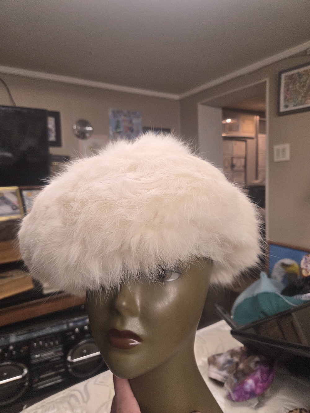 Adolfo Cream Faux Fur Trim Hat